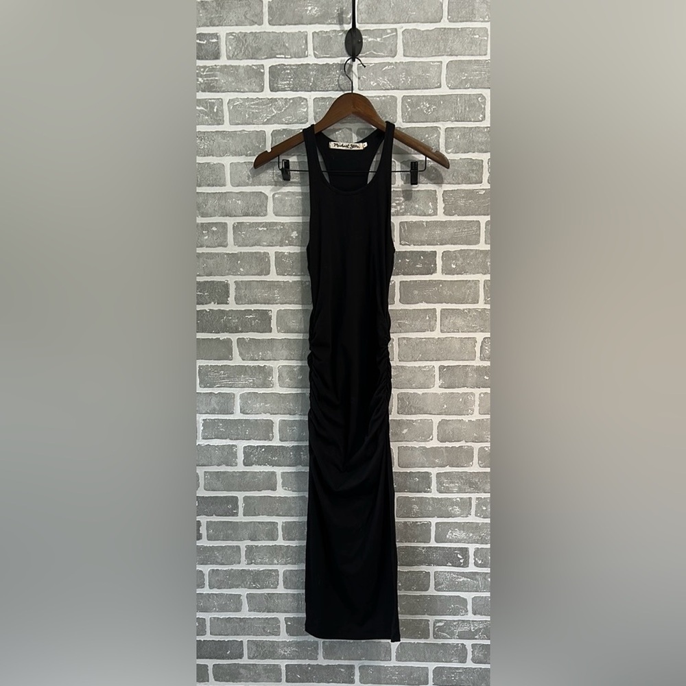 Michael Stars Black Ruched Midi Dress Small Racerback Stretch USA Made NWOT - Picture 3 of 8